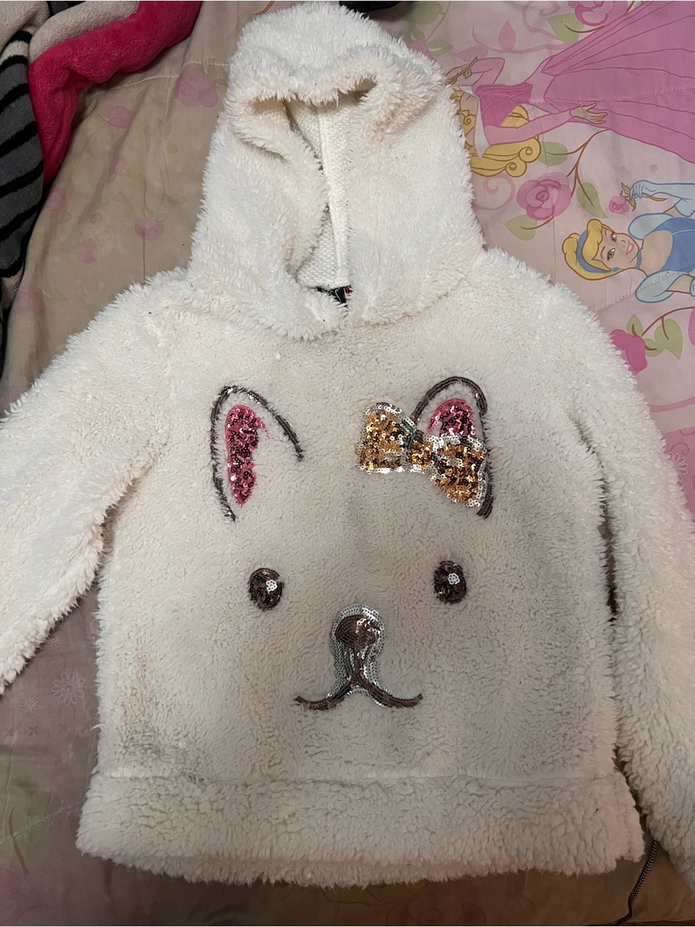 Girls' Cream Fuzzy Hoodie with Sequin Animal Face